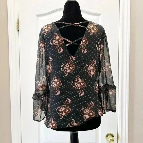 DR2 Blouse Sheer Ruffle Sleeve Bohemian Dark Floral Flowy Black Brown Small - Picture 10 of 12